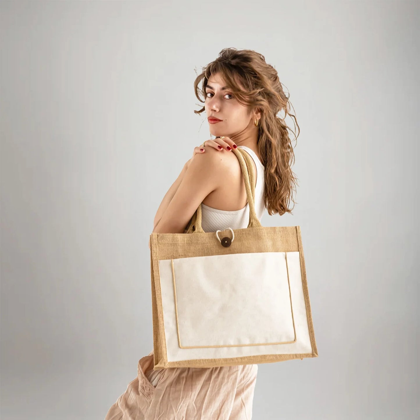Button Closure Jute Tote